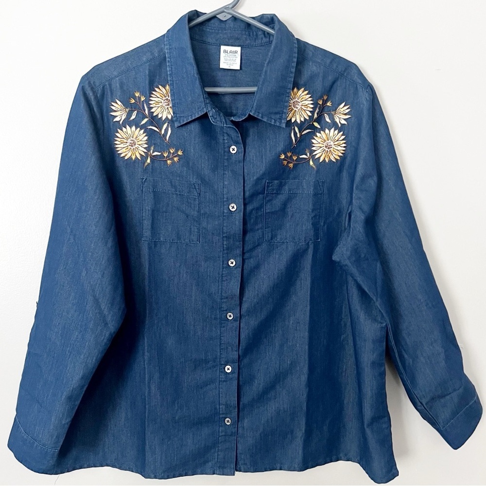 Blair Floral Embroidered Chambray Button Down Shirt XL Long Roll Tab Sleeve Boho - Picture 1 of 8